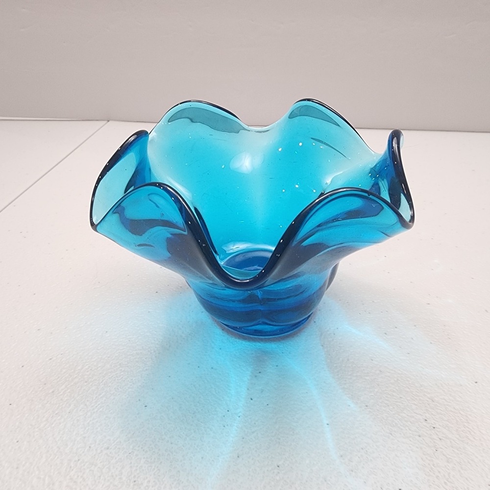 Vintage Ruffle Blue Viking Glass Candy Dish Bowl Mid Century